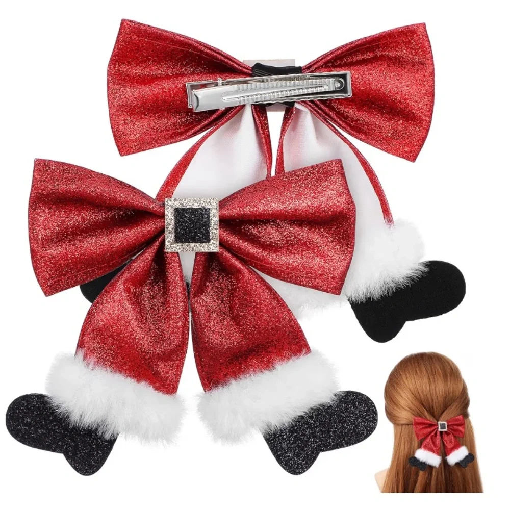 🆕 2pcs Christmas Hair Bow Clips Cute Glitter Hair Clips